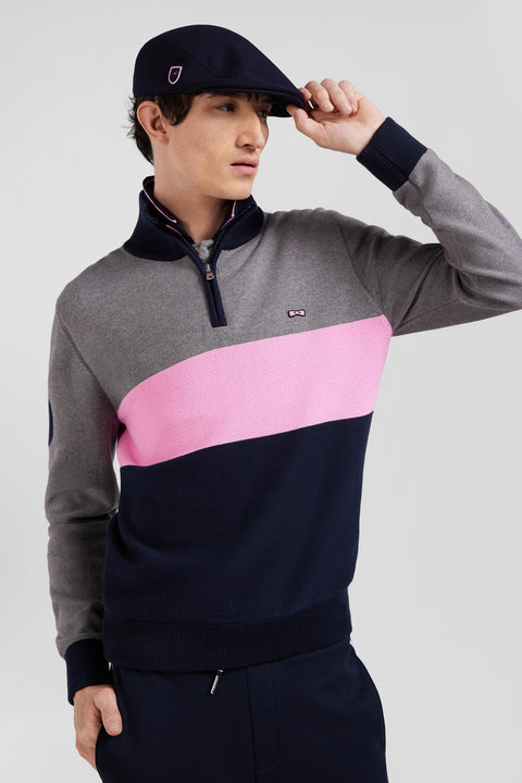 Regular grey embroidered semi-zipped colorblock cotton jumper - Image 3