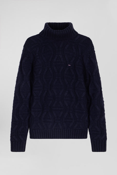 Regular navy blue virgin wool and recycled polyamide turtleneck jumper with 3D knitting - Image 2