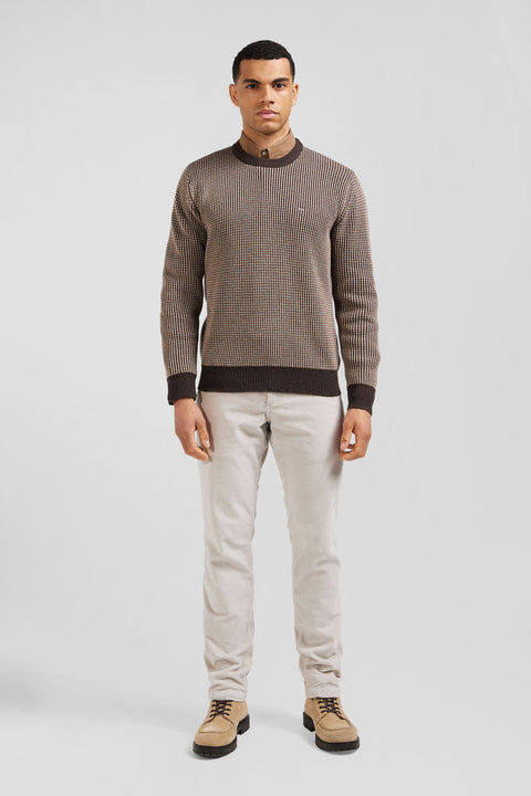 Regular brown wool and cotton crew neck jumper - Image 1