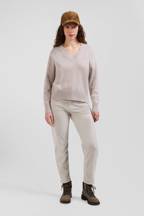 Pull col V en laine et coton beige coupe Relaxed - Image 1