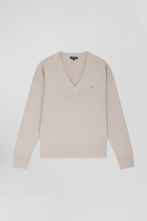 Pull col V en laine et coton beige coupe Relaxed - Image 2