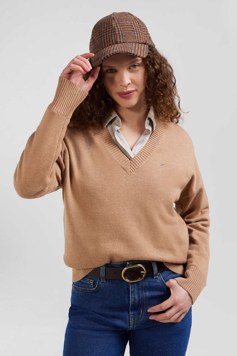 Pull col V en laine et coton camel coupe Relaxed - Image 3