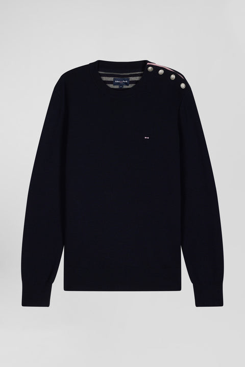 Regular navy blue crew neck jumper with shoulder buttons - Image 2