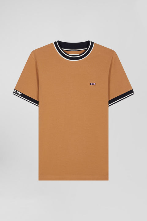 Slim camel short-sleeved cotton T-shirt with Eden Park ribs - Image 2