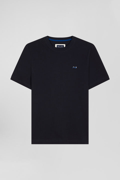 Regular navy blue short-sleeved cotton T-shirt with back embroidery - Image 2