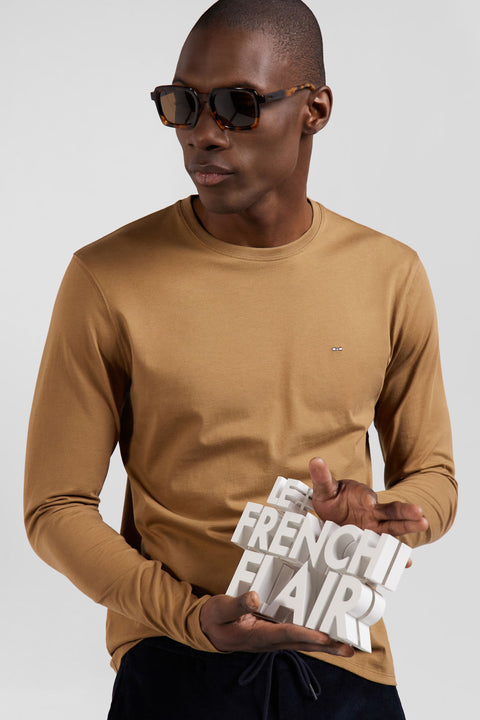 T-shirt manches longues uni en coton noisette coupe Regular - Image 3