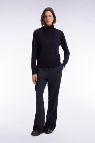 Pantalon flare en flanelle de laine stretch marine