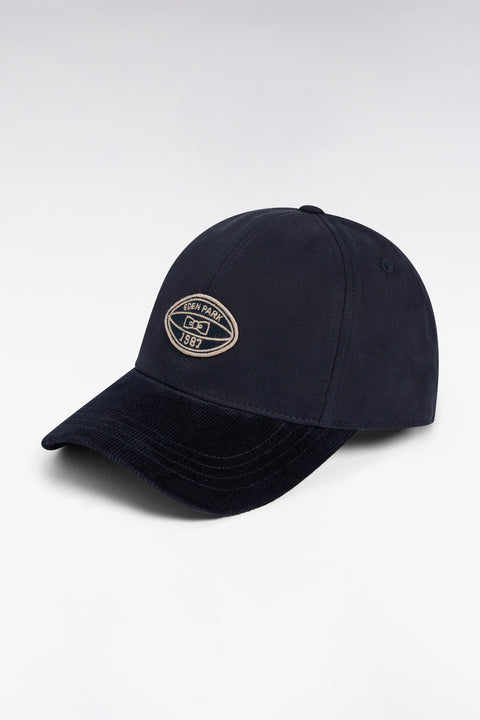 Two-tone navy cotton cap with corduroy peak - Image 1