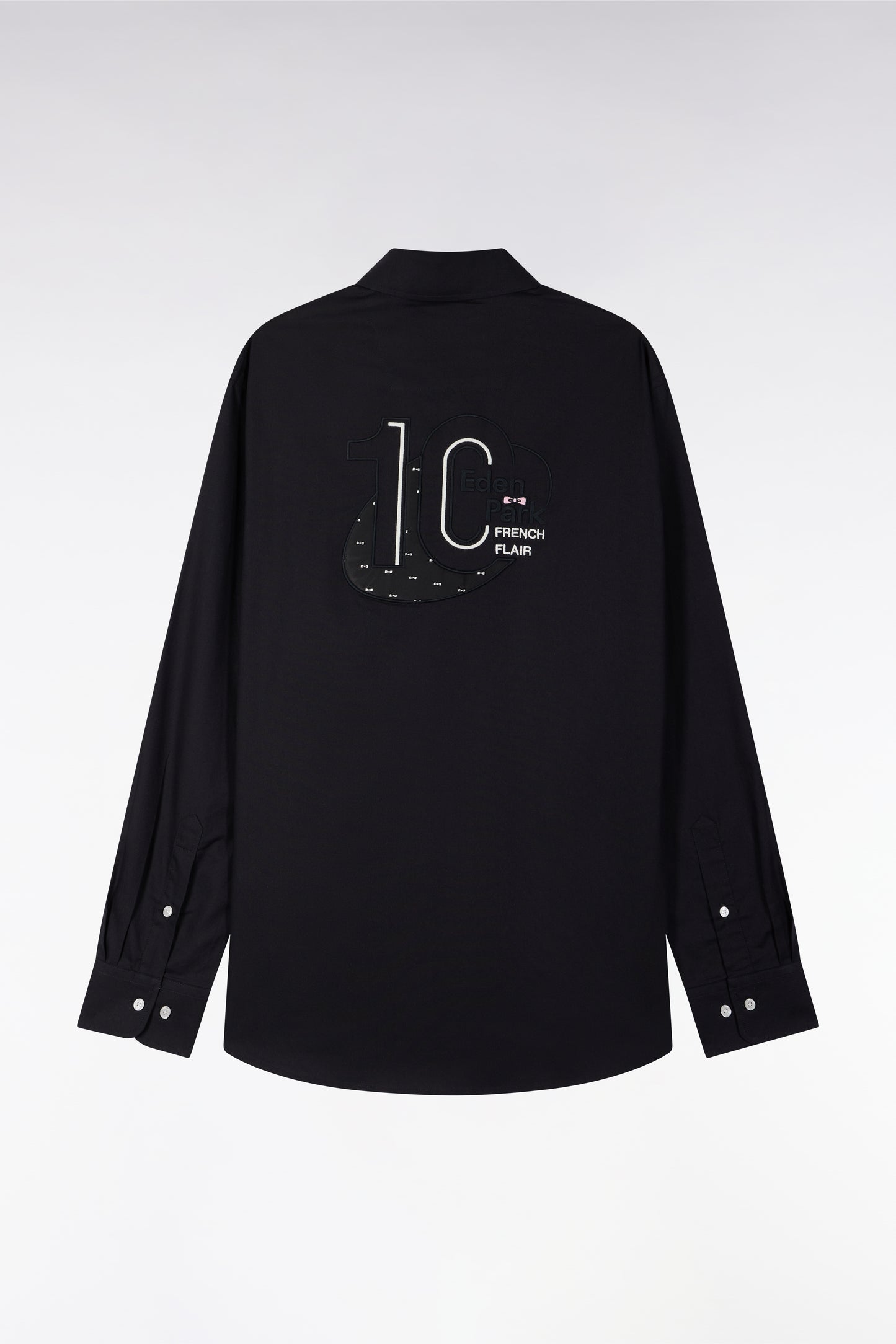 Black pinpoint cotton shirt with embroidered back, straight cut