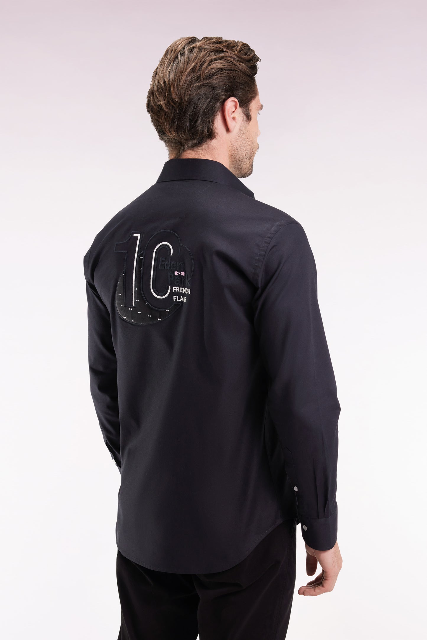 Black pinpoint cotton shirt with embroidered back, straight cut