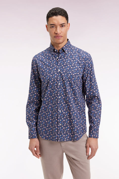 Chemise en coton bleu à micro-motifs fleurs coupe droite - Image 3