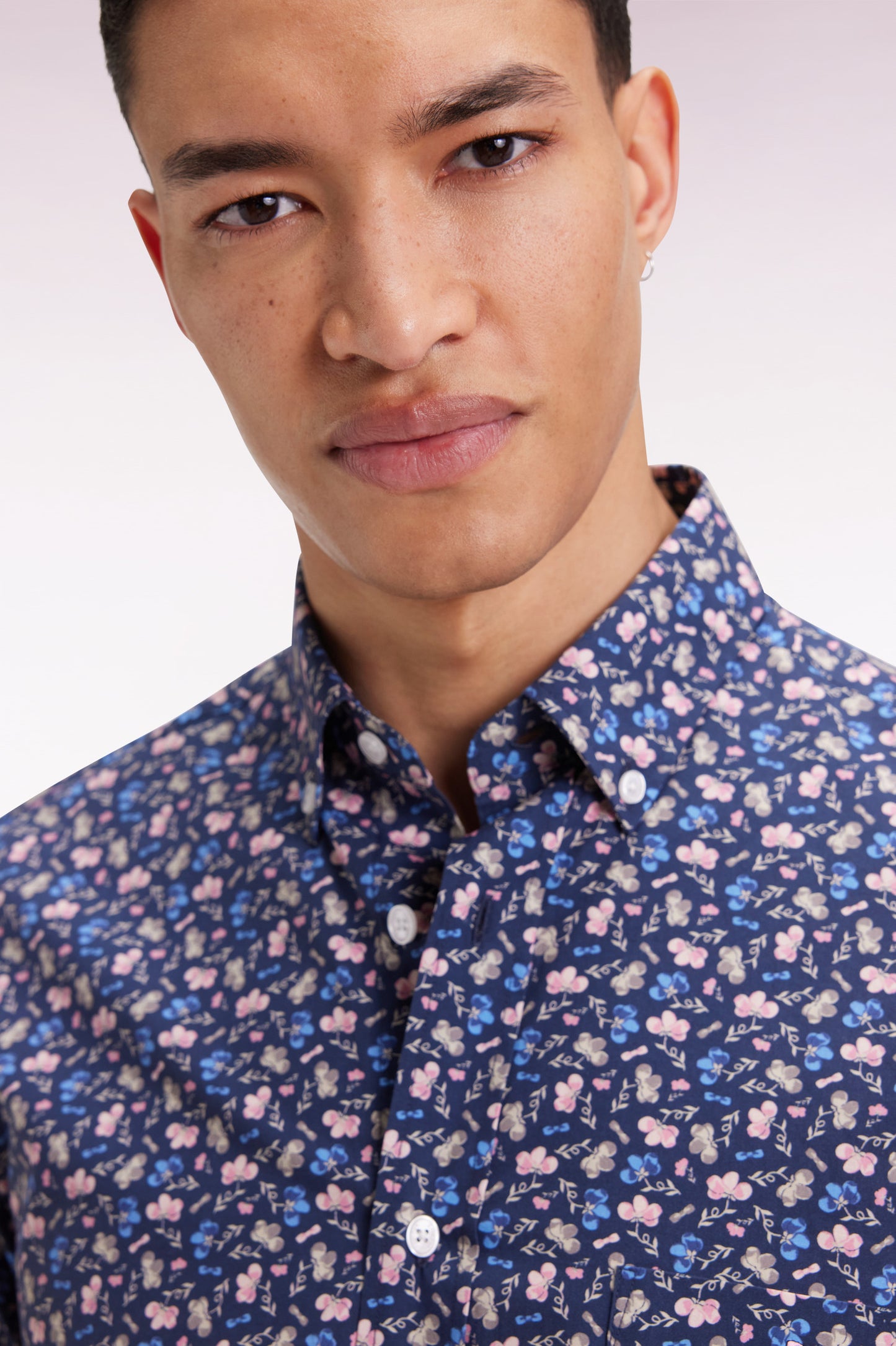 Blue cotton shirt with floral micropatterns, straight cut