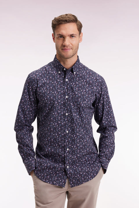 Chemise en coton marine à micro-motifs fleurs coupe droite - Image 3