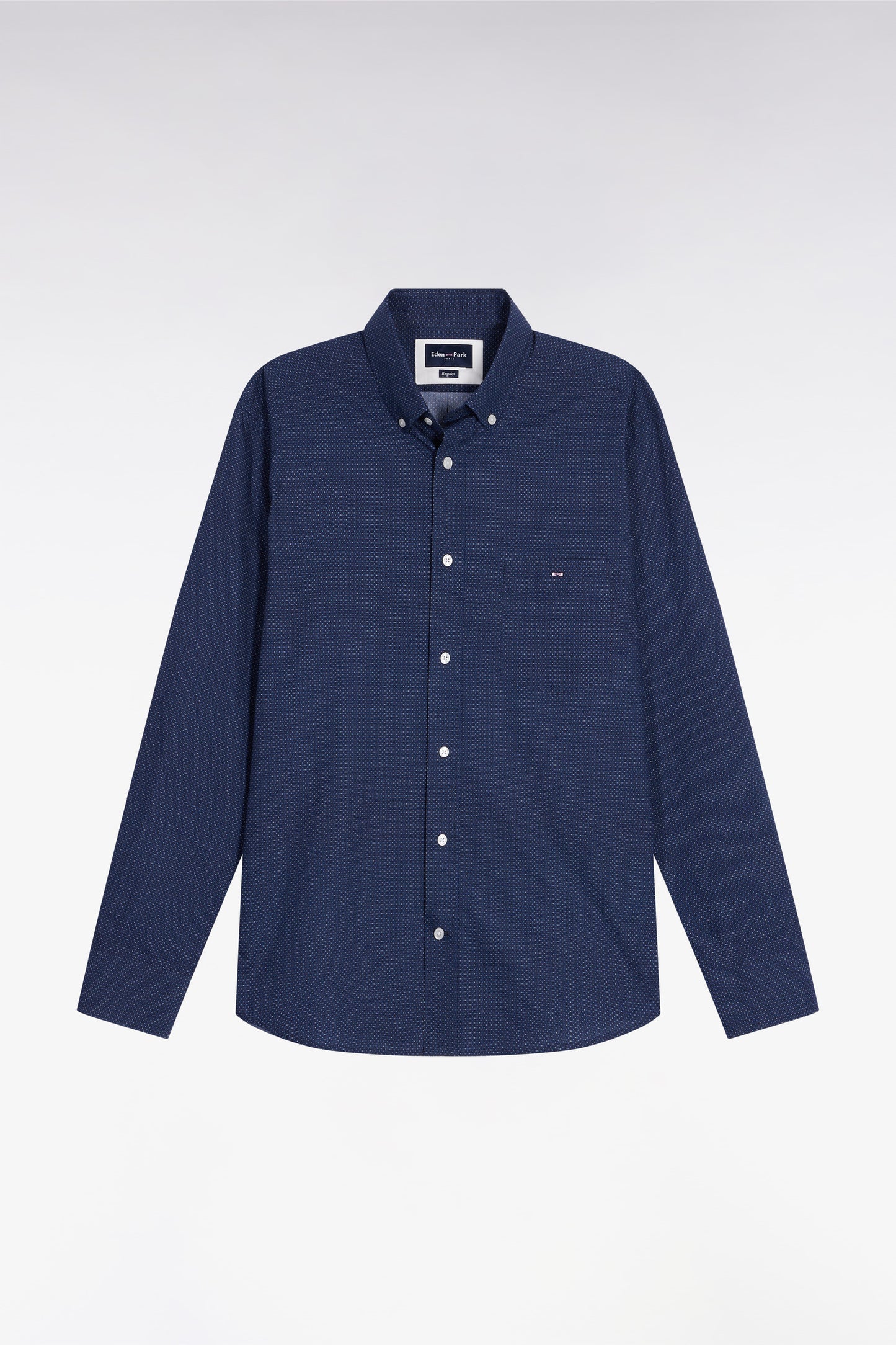 Cotton poplin shirt with blue micro-patterns, straight cut