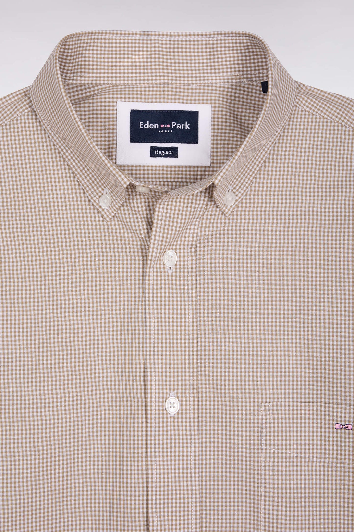 Gingham shirt in beige cotton poplin, straight cut
