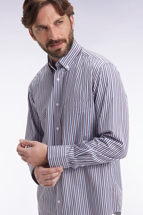 Chemise en coton marine à rayures contrastées coupe droite - Image 1