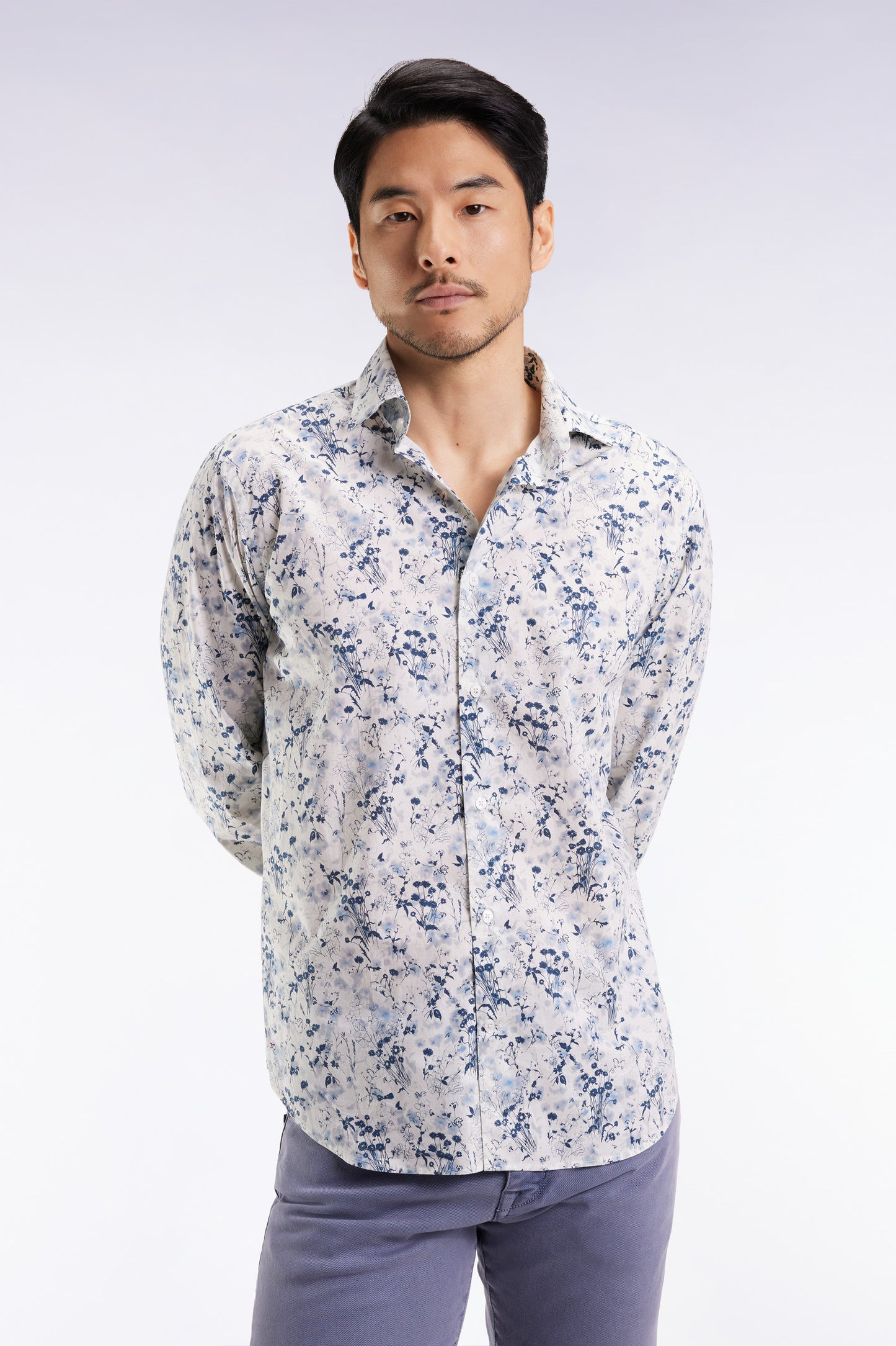 Chemise à imprimé floral en coton gris clair coupe droite