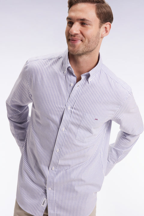 Blue striped cotton poplin shirt, straight cut - Image 1