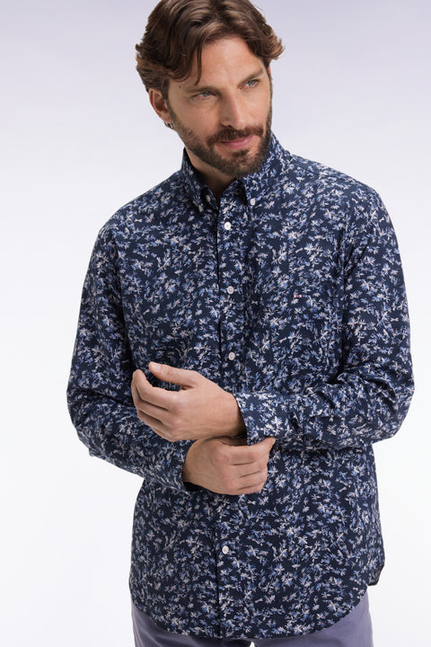 Chemise à micro-motifs fleurs en coton marine coupe droite - Image 1
