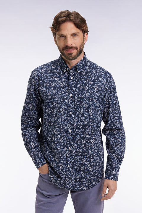 Chemise à micro-motifs fleurs en coton marine coupe droite - Image 3
