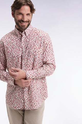 Chemise en popeline de coton à micro-motifs fleurs rouge coupe droite