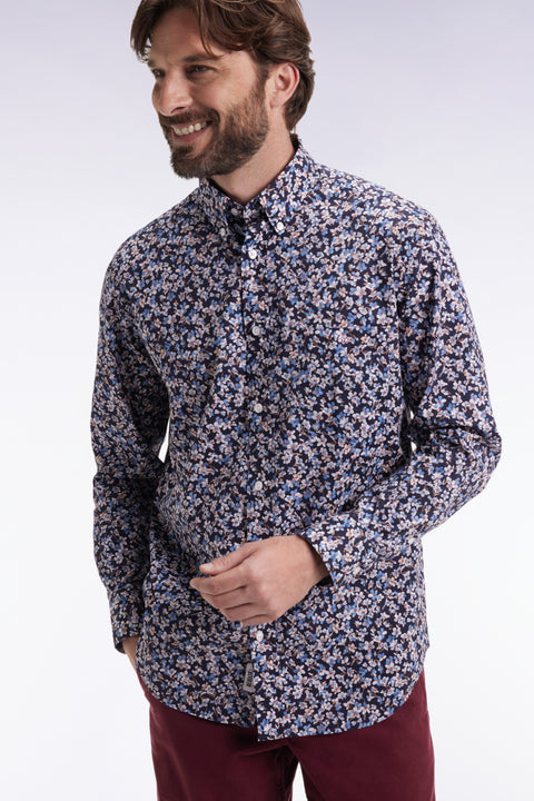 Chemise en popeline de coton à micro-motifs fleurs bleu coupe droite - Image 1