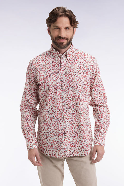 Chemise en popeline de coton à micro-motifs fleurs rouge coupe droite - Image 3