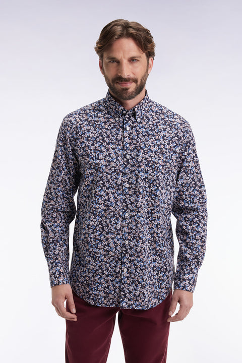 Chemise en popeline de coton à micro-motifs fleurs bleu coupe droite - Image 3