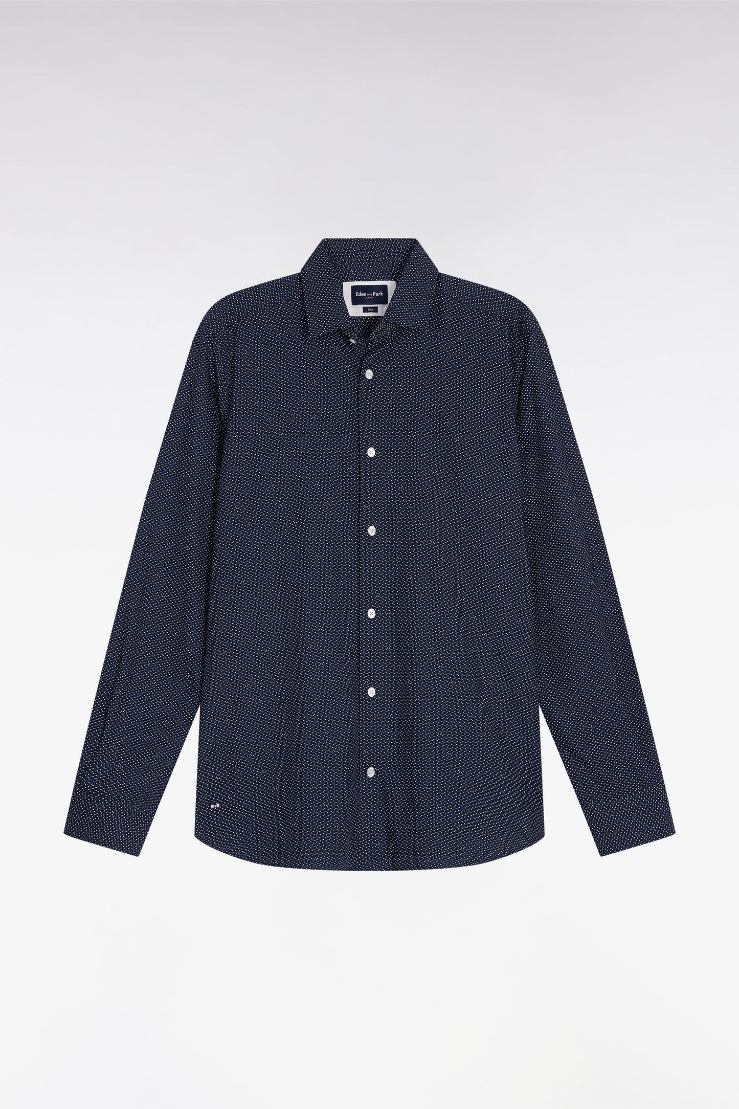 Cotton shirt with blue polka dot micropattern, slim fit
