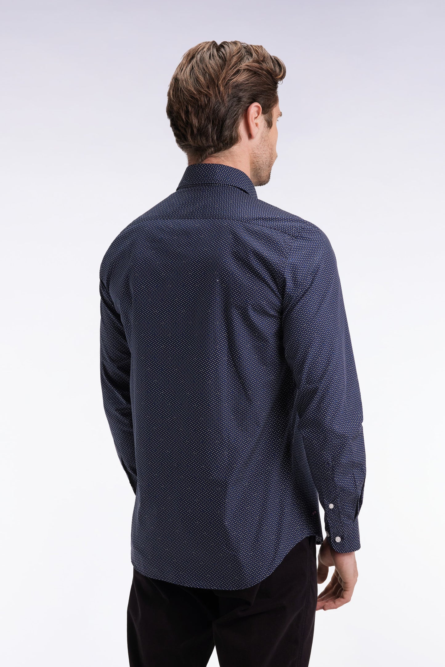 Cotton shirt with blue polka dot micropattern, slim fit