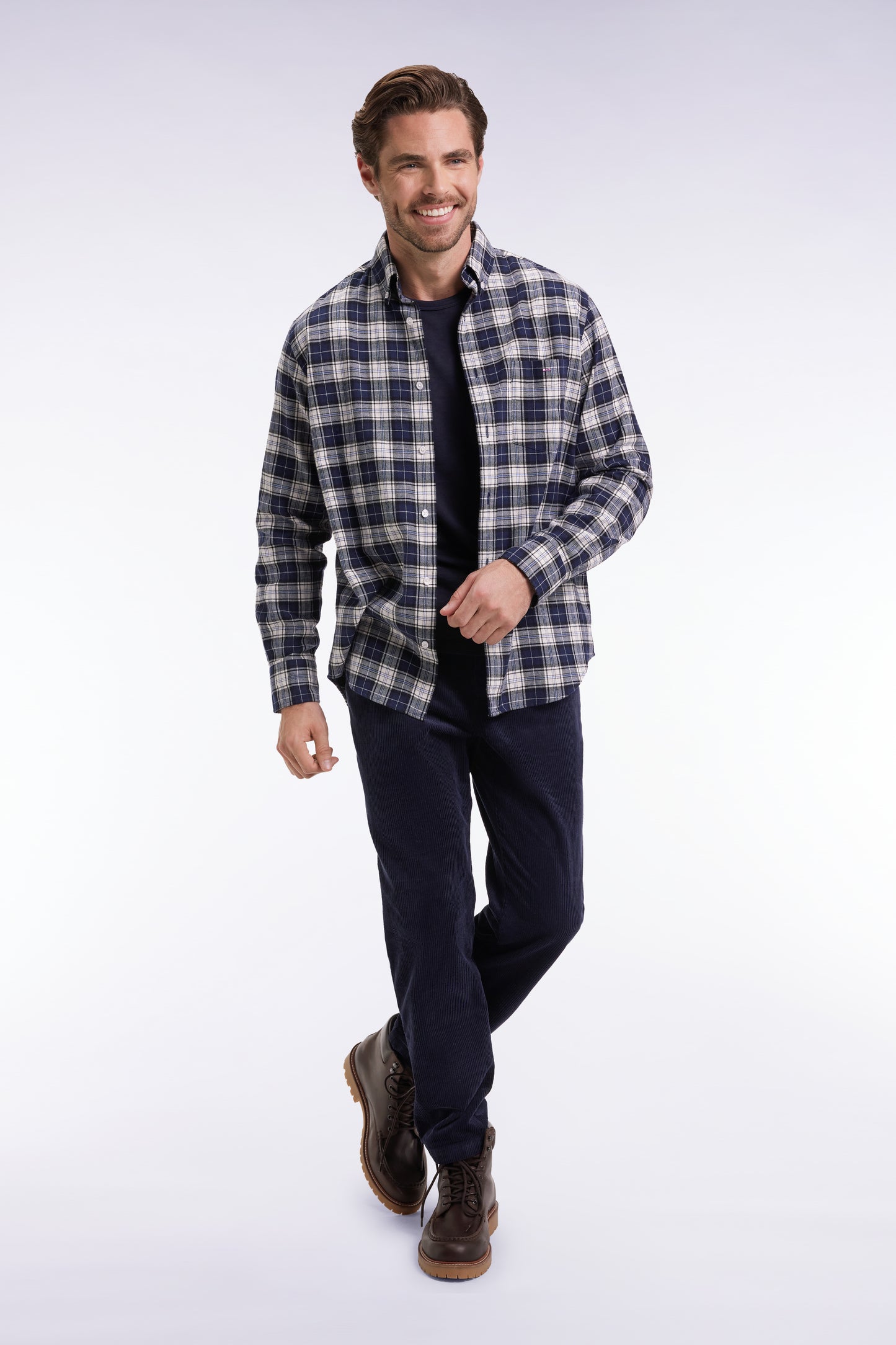 Chemise à carreaux en coton japonais marine coupe droite