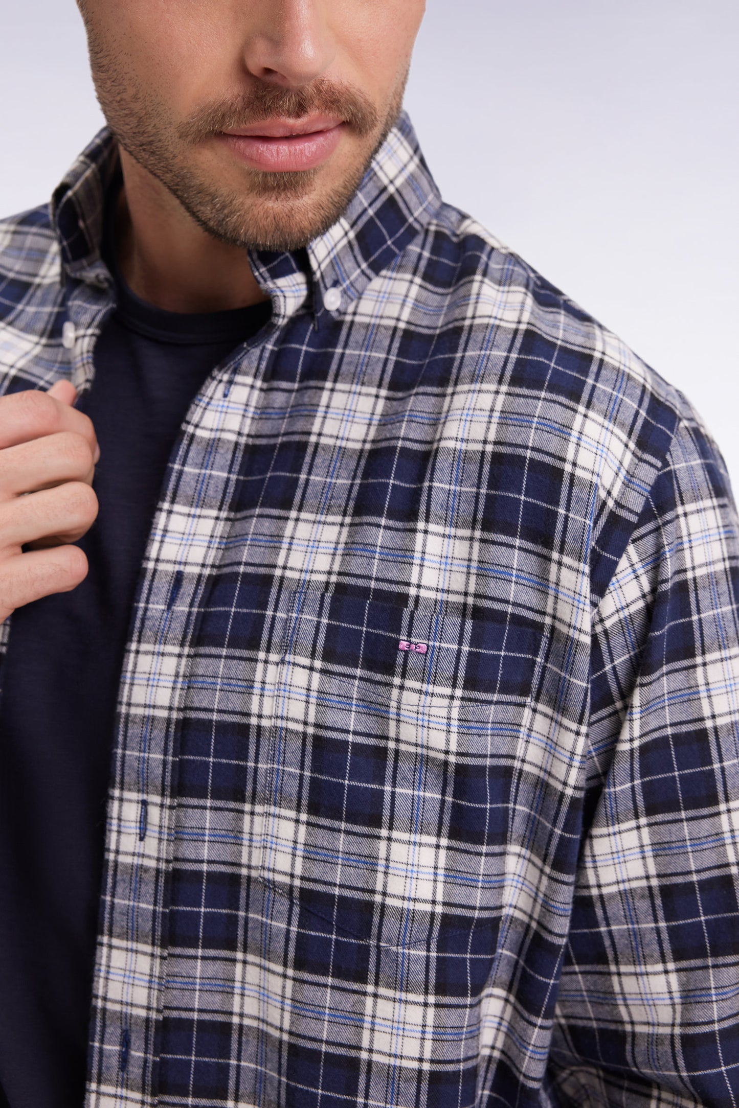 Chemise à carreaux en coton japonais marine coupe droite