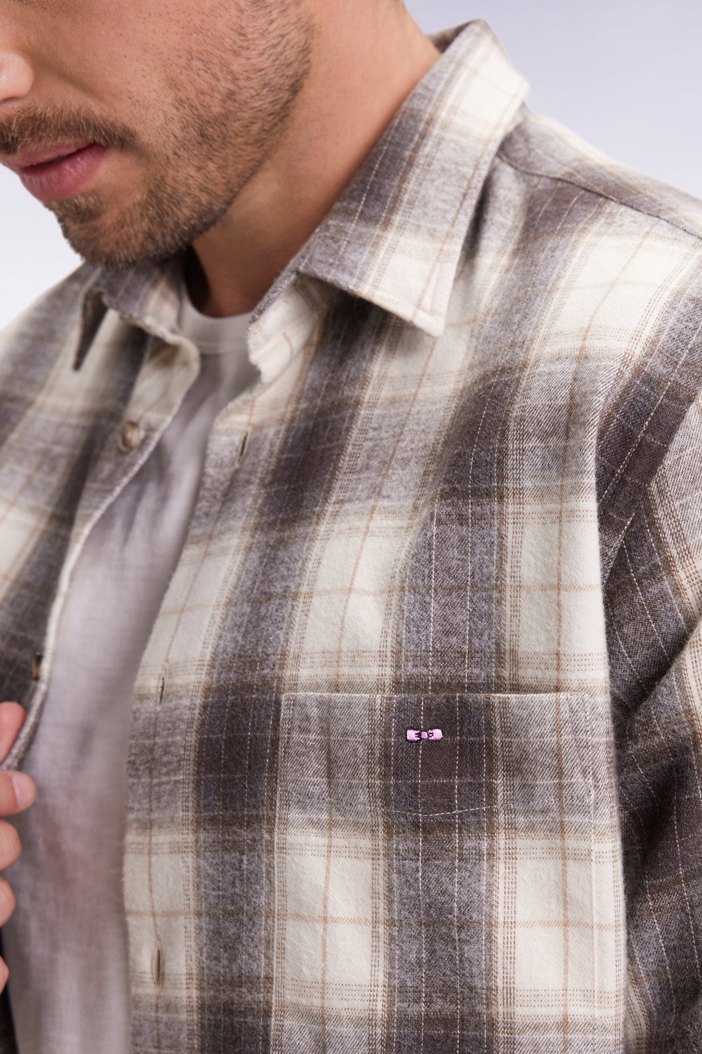 Japanese cotton beige straight-cut check shirt
