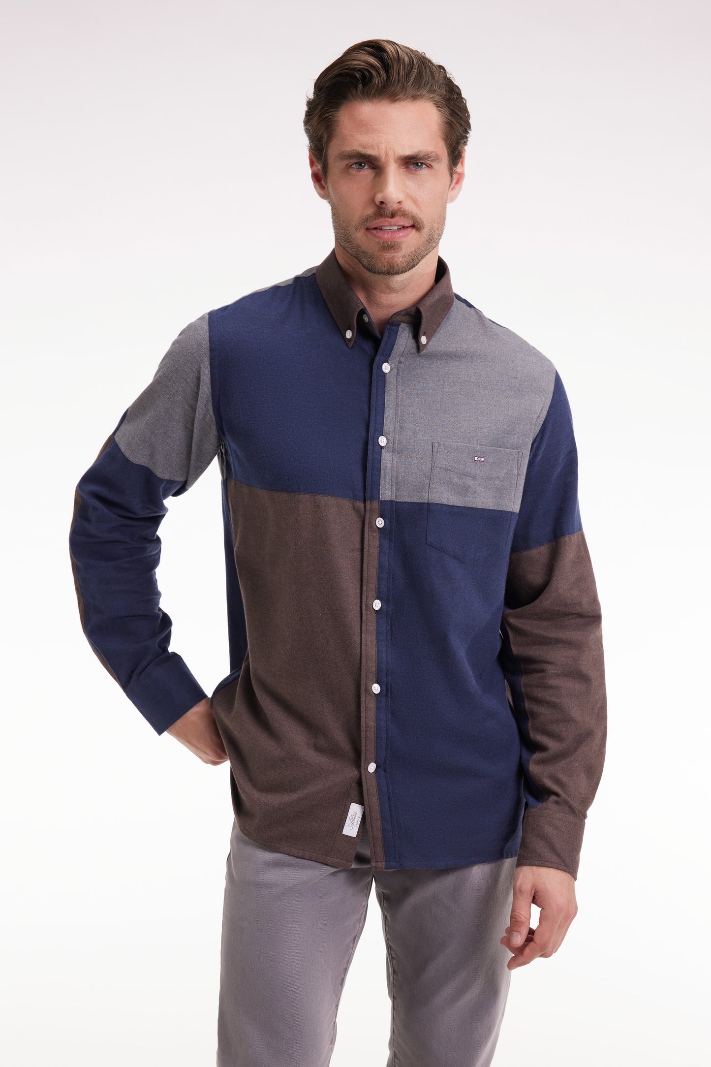Three-tone navy cotton flannel shirt, straight cut