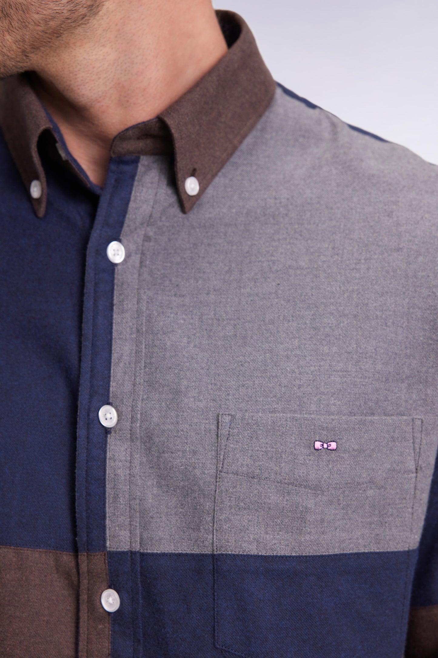 Three-tone navy cotton flannel shirt, straight cut