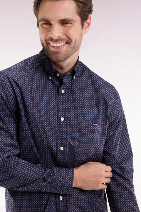 Chemise en coton à micro-motifs marine coupe droite - Image 1