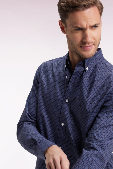 Chemise en coton Pima marine à micro-motifs coupe slim - Image 1