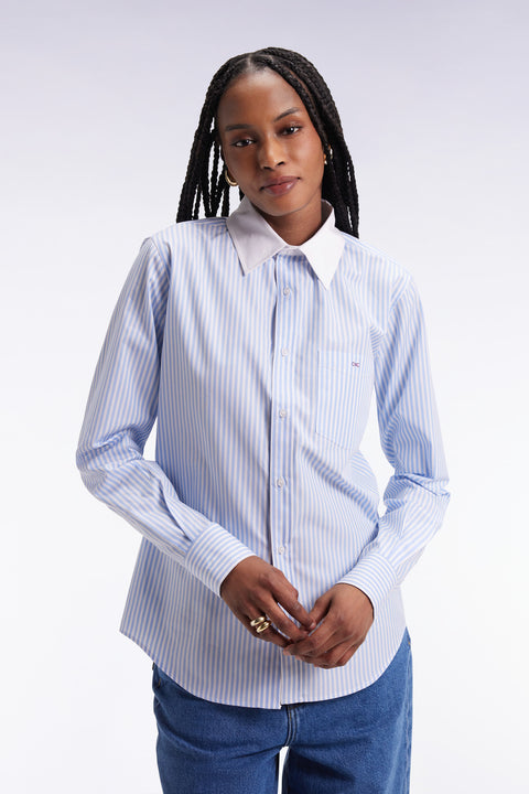 Chemise en popeline de coton rayée ciel et blanche coupe slim - Image 1