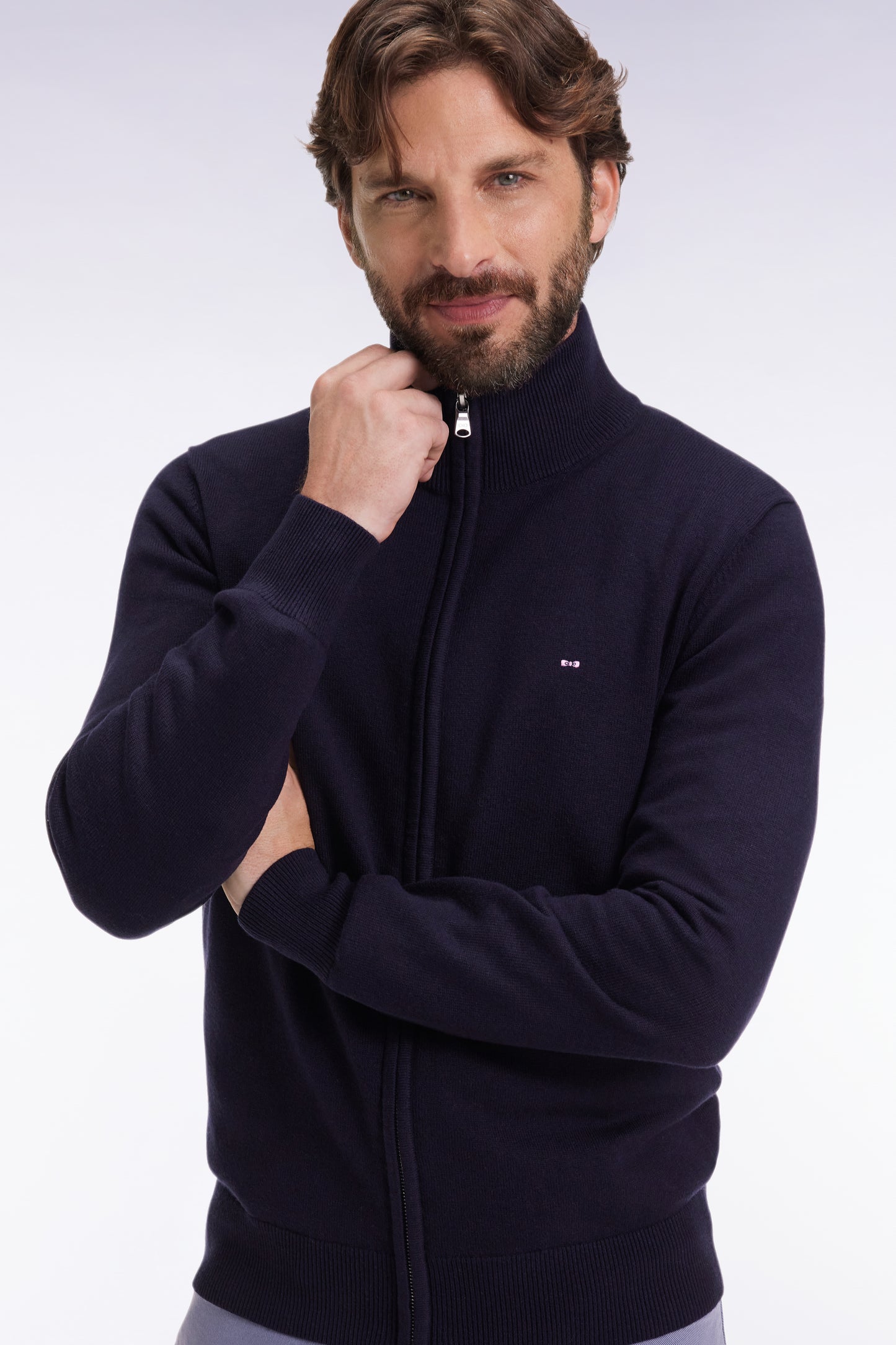 Cardigan zippé en laine et coton marine coupe droite