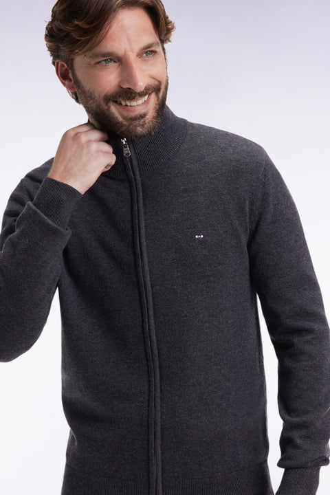Zipped cardigan in dark grey wool and cotton, straight cut - Image 1