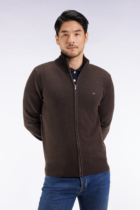 Zipped cardigan in wool and brown cotton, straight cut - Image 3