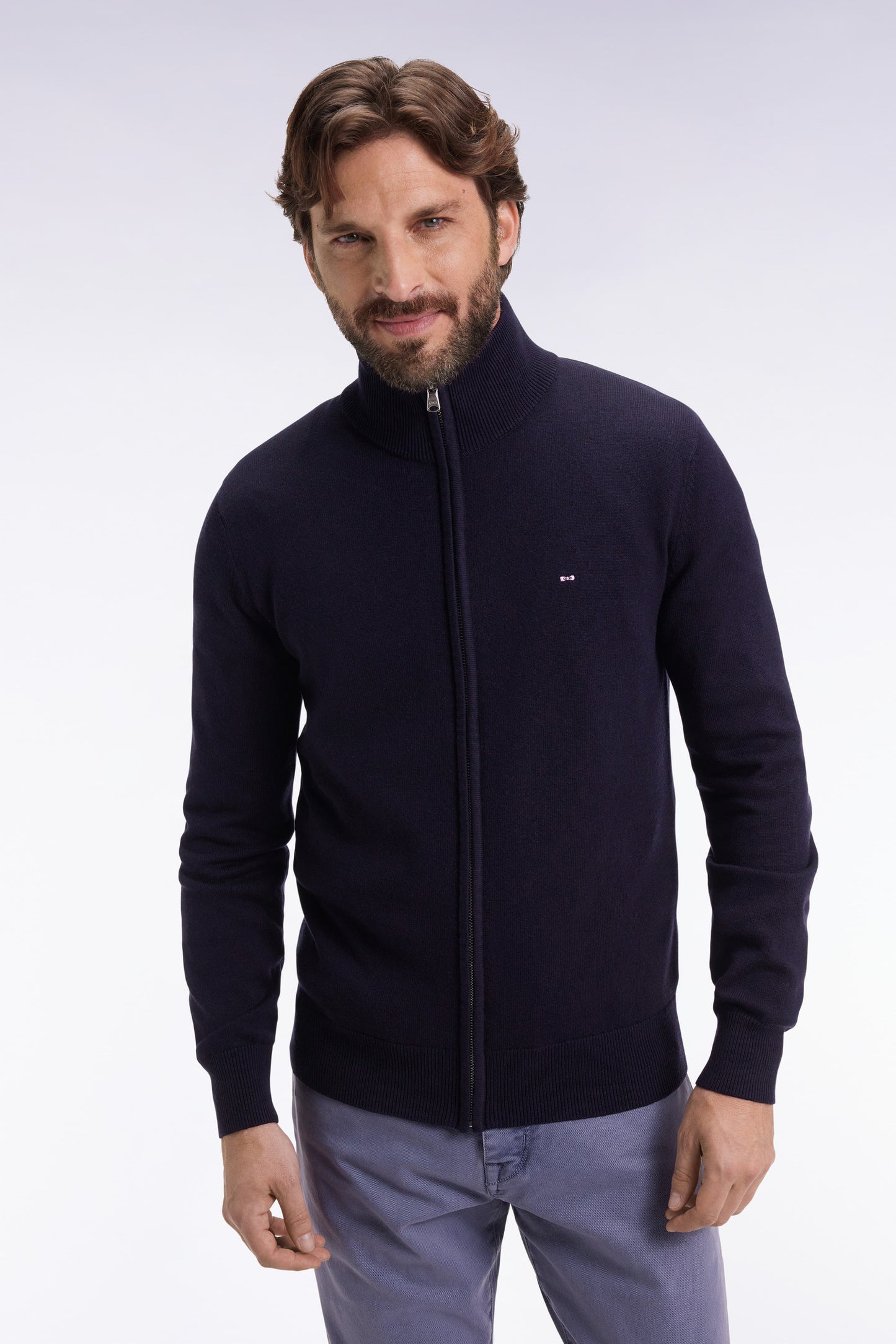 Cardigan zippé en laine et coton marine coupe droite