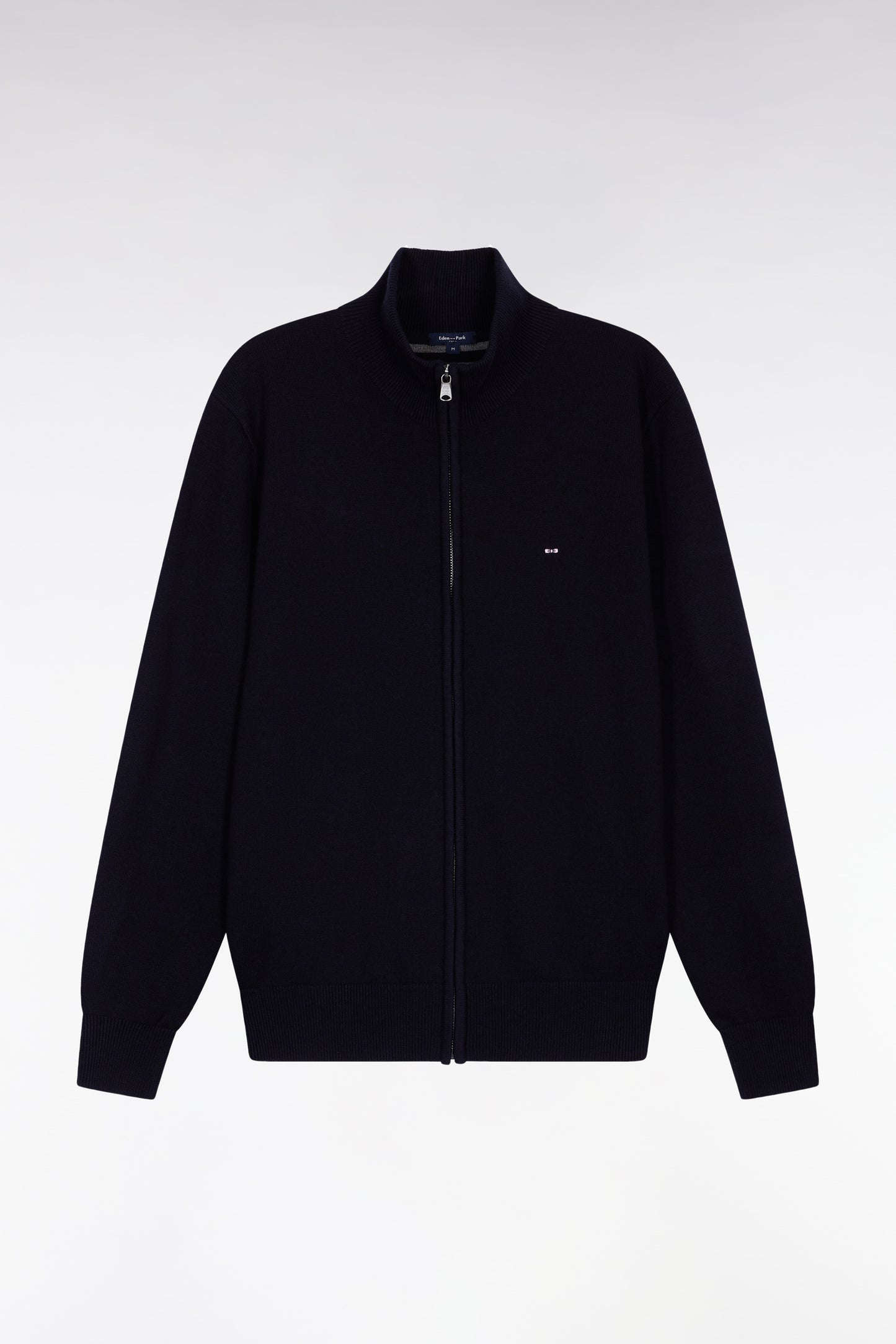 Cardigan zippé en laine et coton marine coupe droite