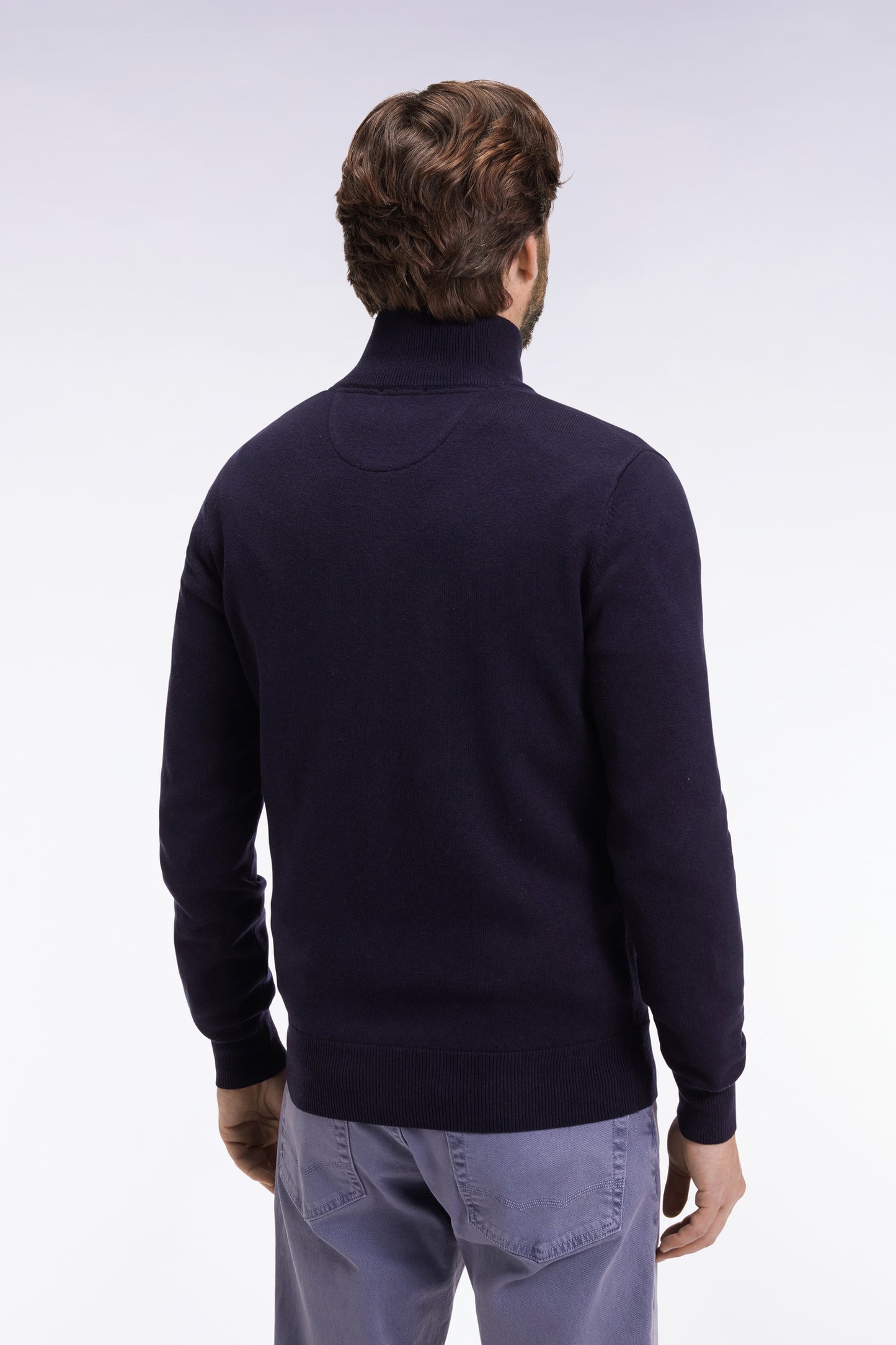 Cardigan zippé en laine et coton marine coupe droite