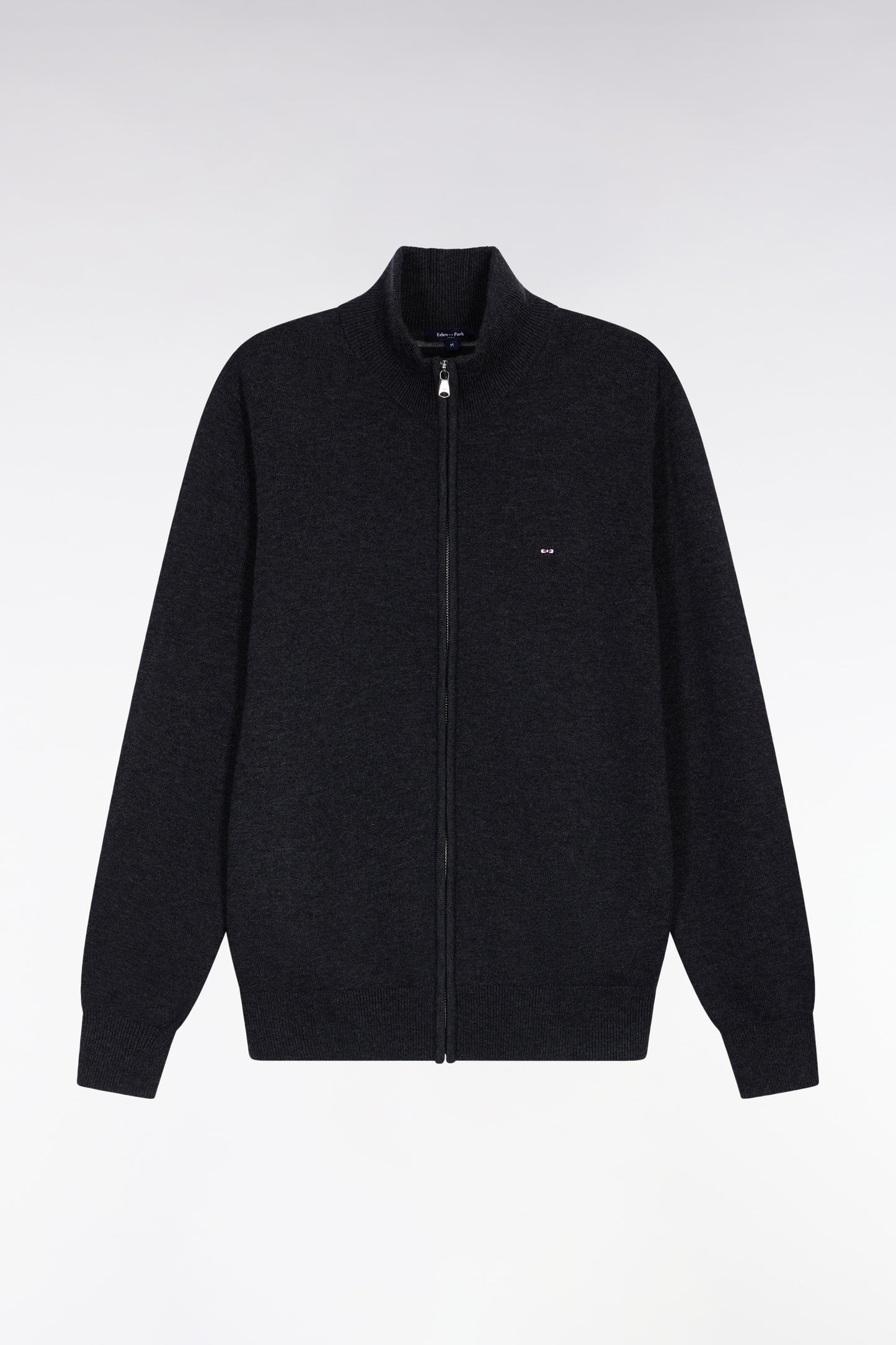 Cardigan zippé en laine et coton gris foncé coupe droite