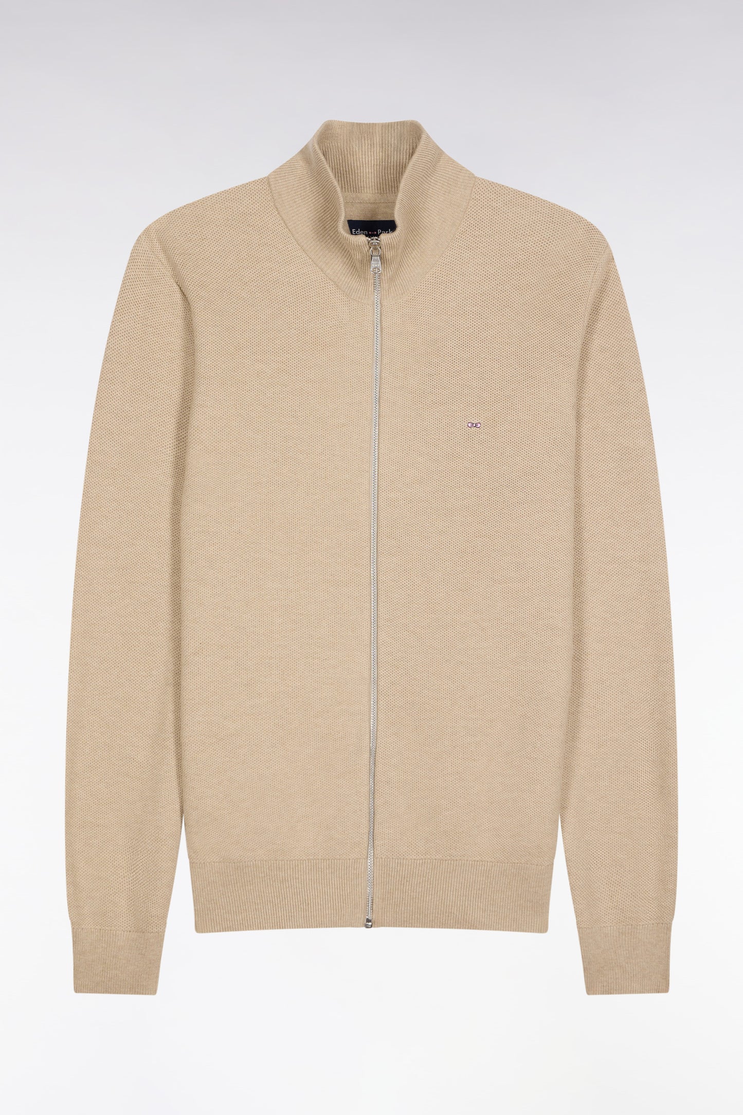 Cardigan zippé en laine et coton camel coupe droite