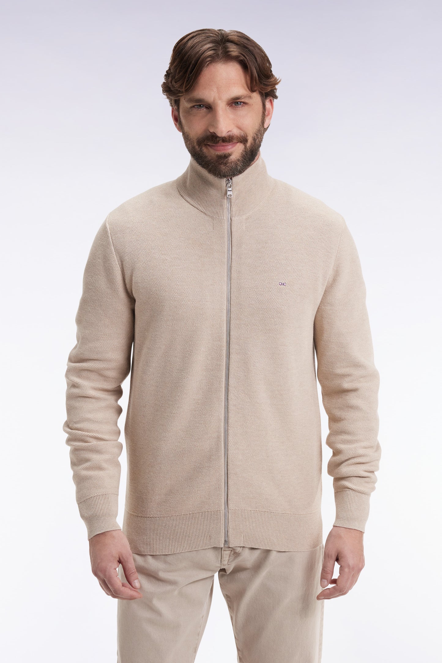 Cardigan en coton nid d'abeille beige coupe droite