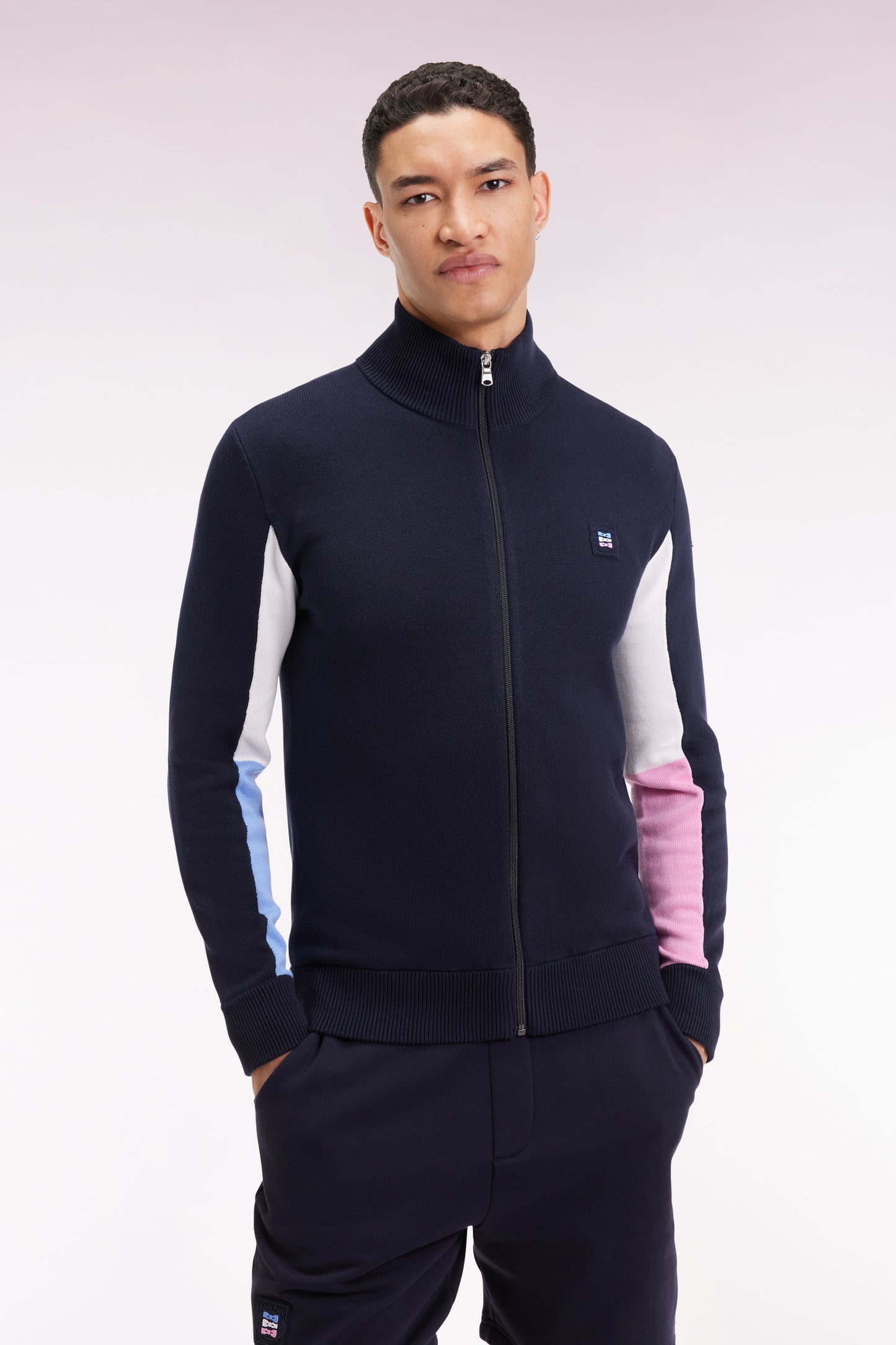 Cardigan en coton marine à intérieur de manches contrasté