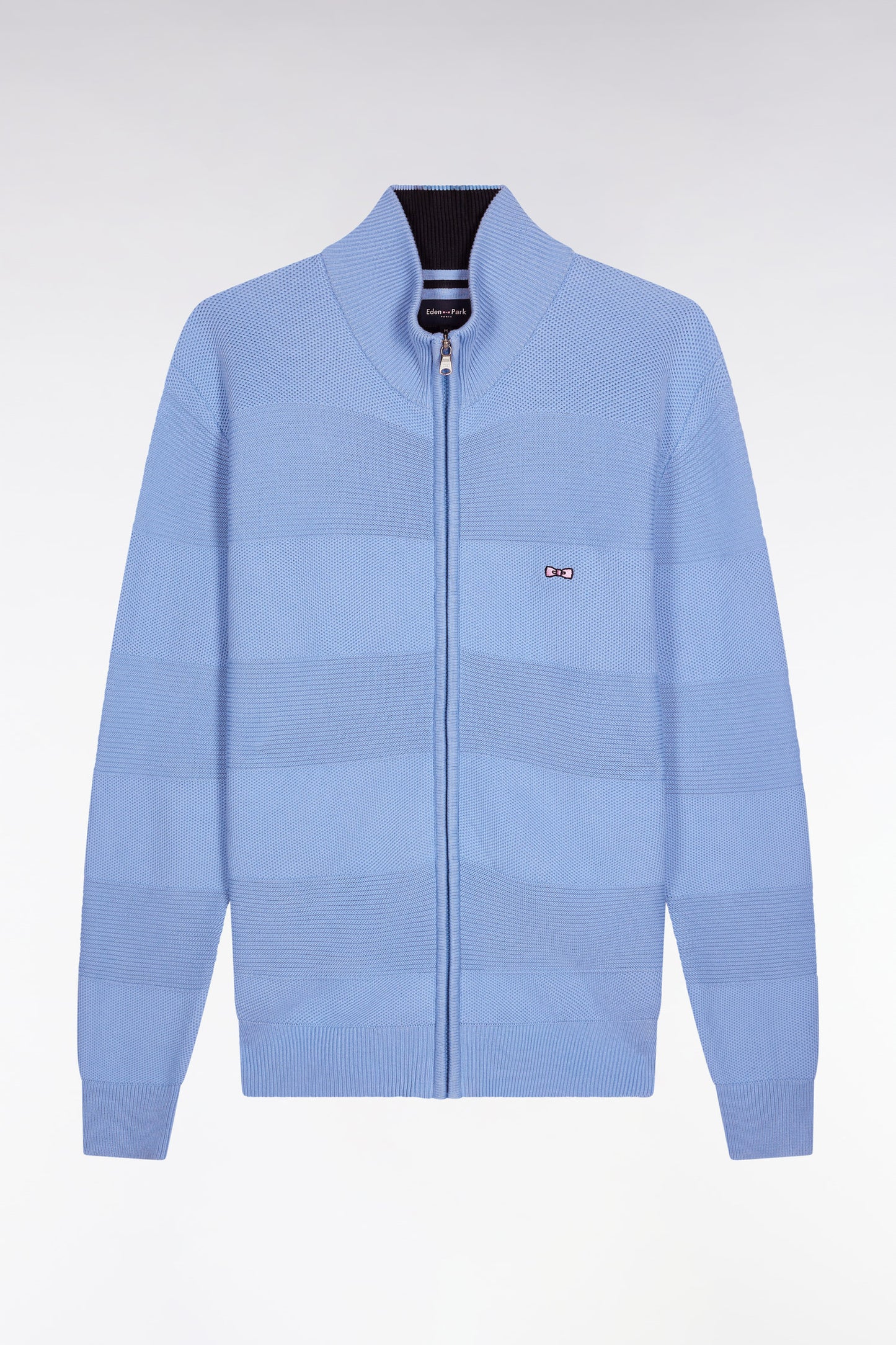 Zip-up cardigan in sky cotton honeycomb, straight cut