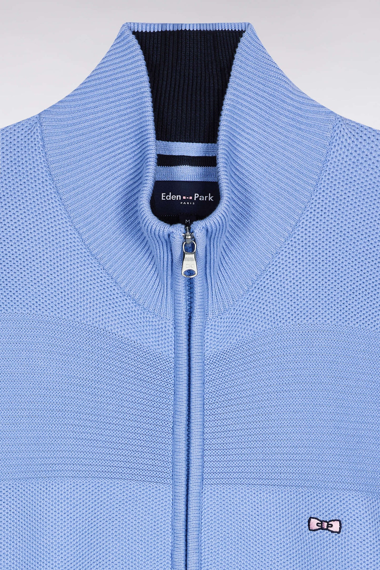 Zip-up cardigan in sky cotton honeycomb, straight cut